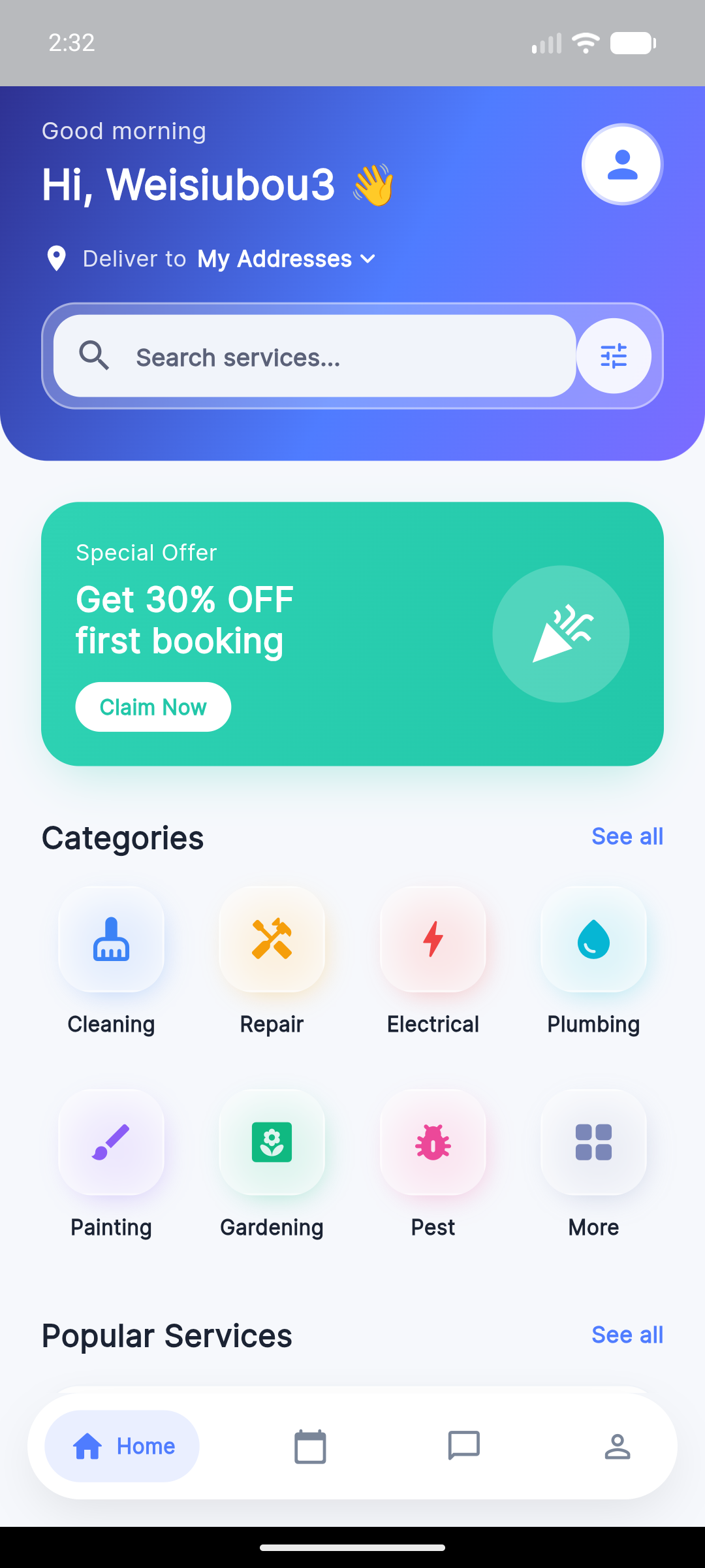 GoodHelper customer app home